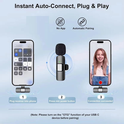 Micrófono Inalámbrico K9 2026, Micrófono de Solapa Profesional con Reducción de Ruido, Mini Micrófono con Clip, Plug & Play para iPhone, Android y Tipo-C